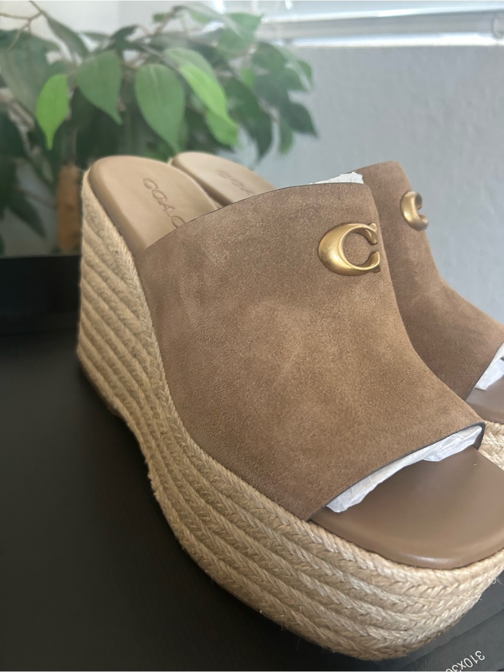Coach Brown Suede Platform Espadrille Slides with Gold C Logo - Picture 2 of 5